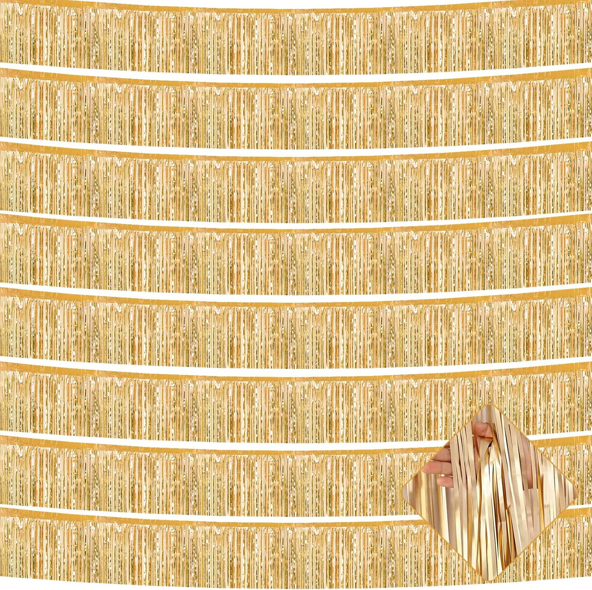 10 Pack 10 Feet Foil Fringe Garland Metallic Tinsel Streamers Banner Wall Hanging Curtain Backdrop for Parade Floats, Wedding, Disco, Birthday, Halloween, Christmas Party Decorations(Champagne Gold)