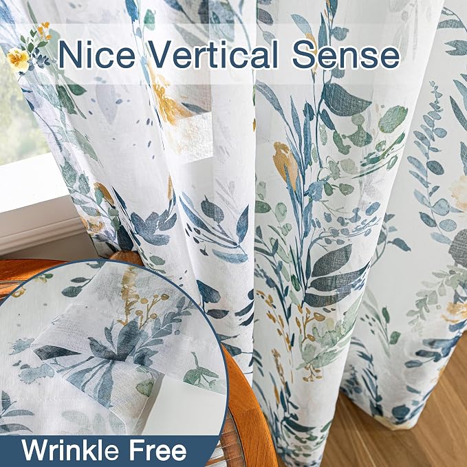 MYSKY HOME Yellow and Blue Sheer Floral Curtains 102 Inch Length 2 Panels | - Image 4