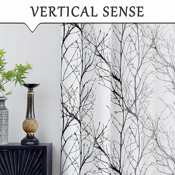 FMFUNCTEX Linen Black White Semi Sheer Print Curtains 84 Inch Long 2 Panels | - Image 7