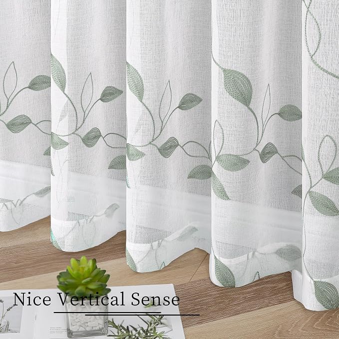 Tollpiz Sage Green Leaf Sheer Curtains Living Room Short 54 x 45 Inches | - Image 4