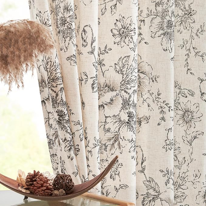 jinchan Black Floral Linen Curtains Lined 96 Inch Vintage Back Tab 2 Panels | - Image 7