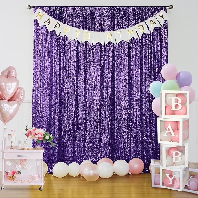 Sugargirl Purple Sequin Backdrop Curtain 3 Panels 2FTx8FT Glitter Purple - Image 2