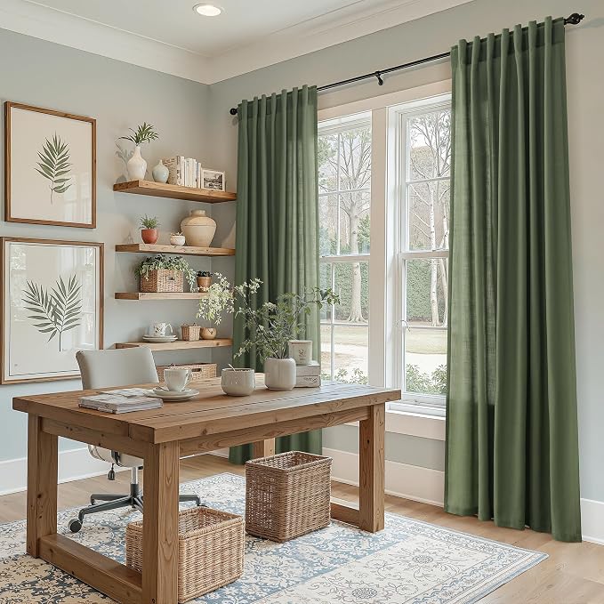 Forest Green Linen Curtains 63 Inch Length - Image 6