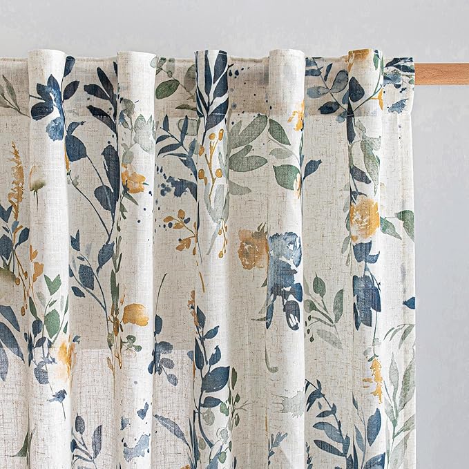 MYSKY HOME Floral Linen Curtains 90 inch Length 2 Panels Set by MYSKYHOME