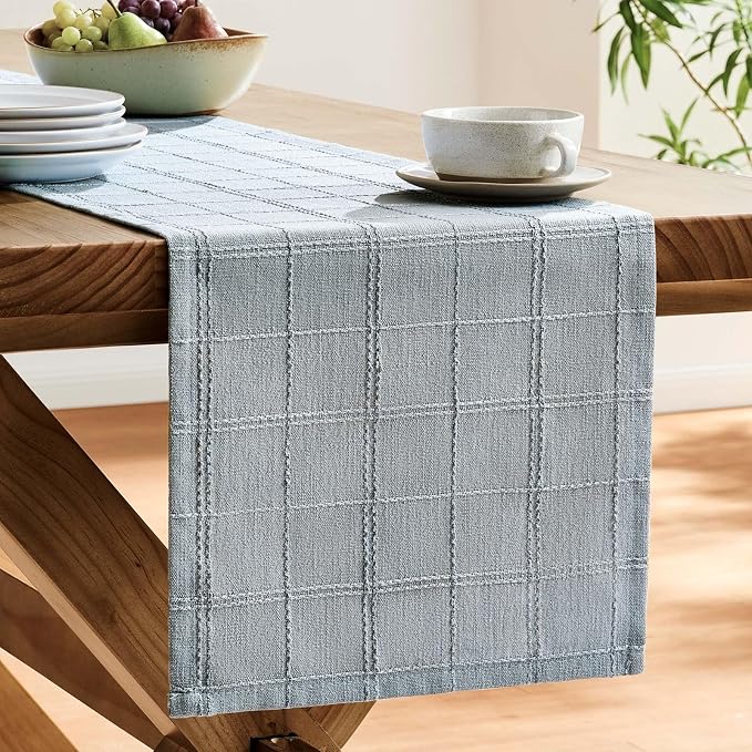 Linen Checked Farmhouse Table Runner, 13x72 Inches Chambray | Raised Grid Design - Image 4