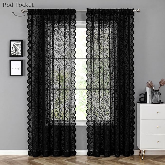 Bujasso Black Sheer Lace Curtains 54 inch Vintage Floral Short Curtain Panels - Image 9