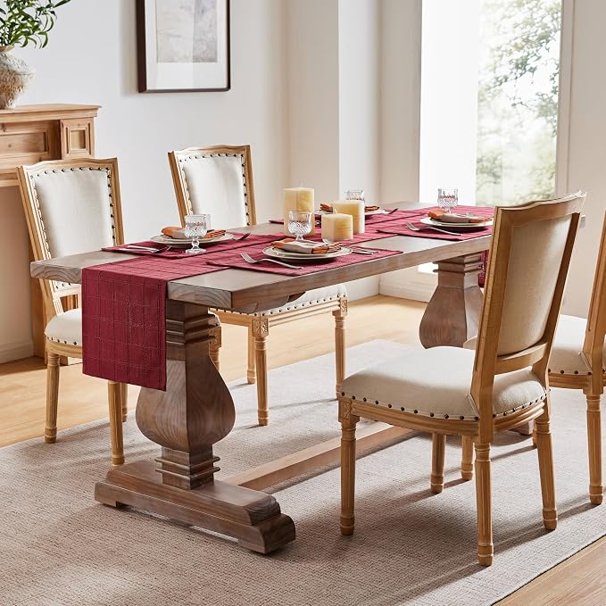 Linen Checked Farmhouse Table Runner, 13x48 Inches Burgundy | Raised Grid Design - Image 3