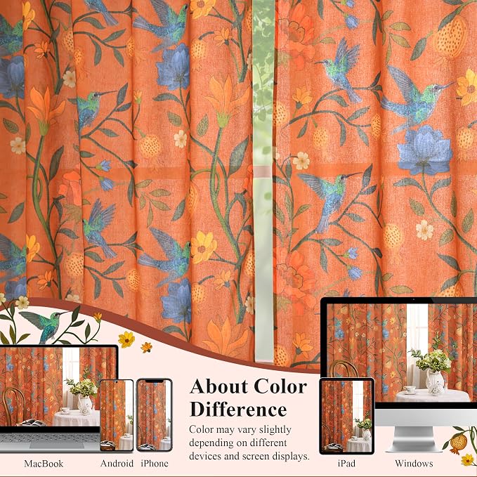 Terracotta Floral Linen Curtains, Boho Whimsical Bird Print Curtains - Image 7
