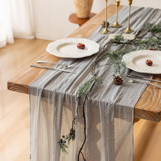 Grey Gauze Rustic Cheesecloth Table Runner 120 Inch 10 FT for Wedding Baby Shower Bridal Shower Birthday Engagement Garden Outdoor Party Long Sheer Boho Decorations