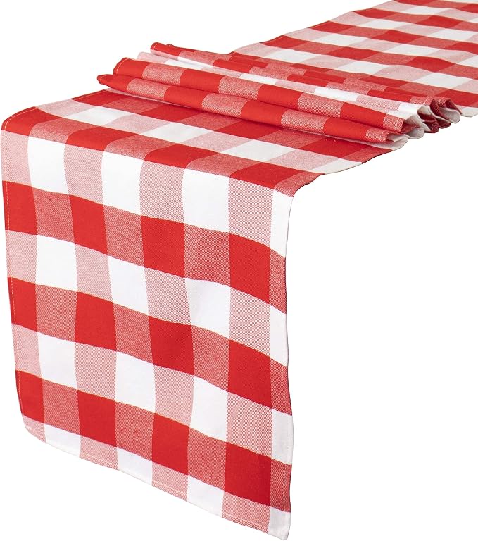 ShinyBeauty Buffalo Check Table Runner 13x108 Red and White Cotton Plaid | Red by ShinyBeauty