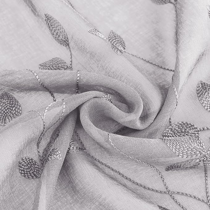 HOMEIDEAS Light Grey Sheer Curtains 2 Panels, Embroidered Vine Leaf, W52xL84 | - Image 6