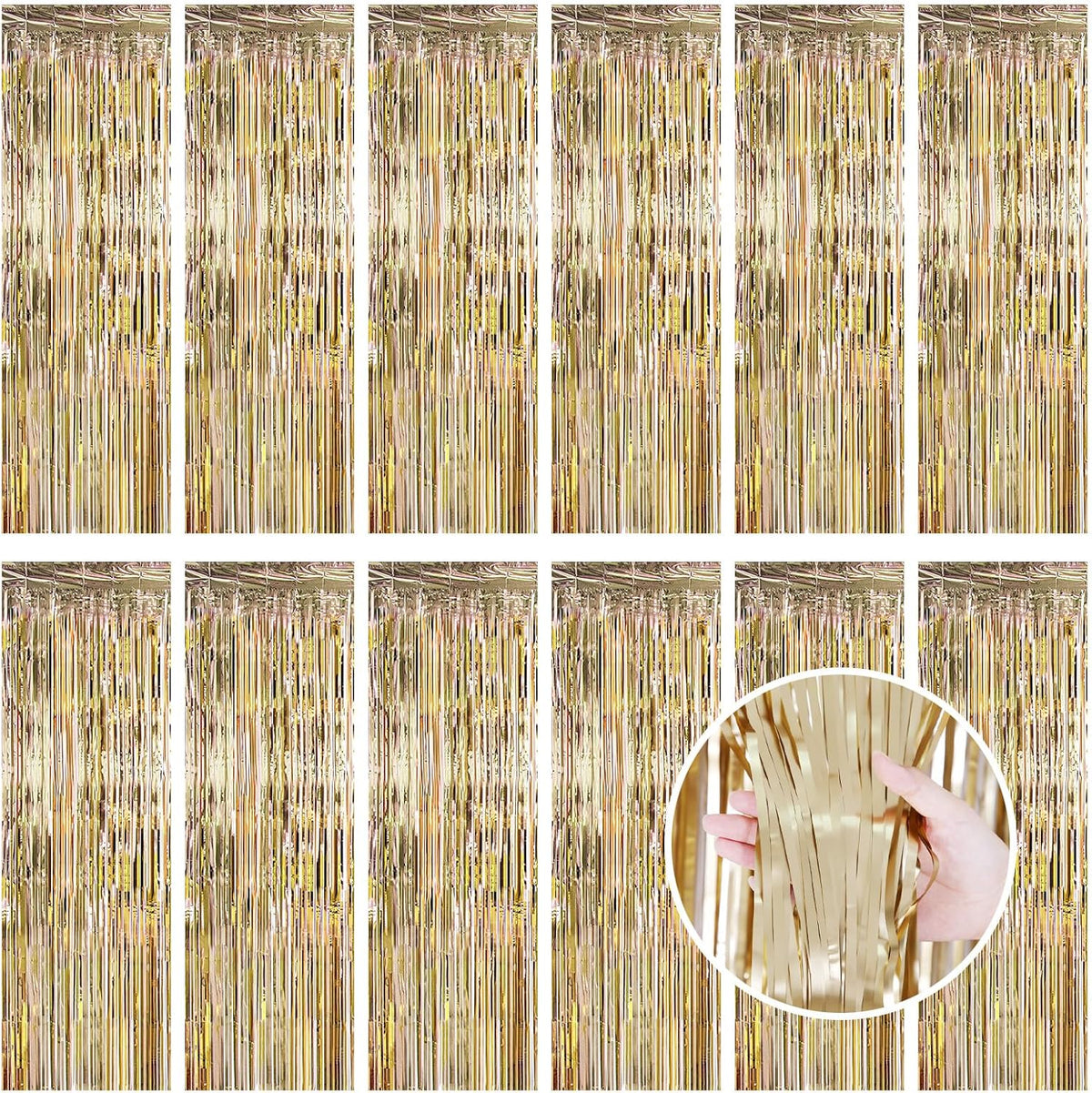 Champagne Gold Fringe Curtain Party Streamers, 12 Pack 3.3ft x 8.2ft Foil Curtain Backdrop Tinsel Foil Fringe Curtains Photo Booth Backdrop Streamer for Birthday, Wedding, Baby Shower, Disco Party