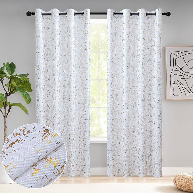 Taisier Home Gold Foil Print Linen Textured Curtains Geometric Dots Pattern - Image 2