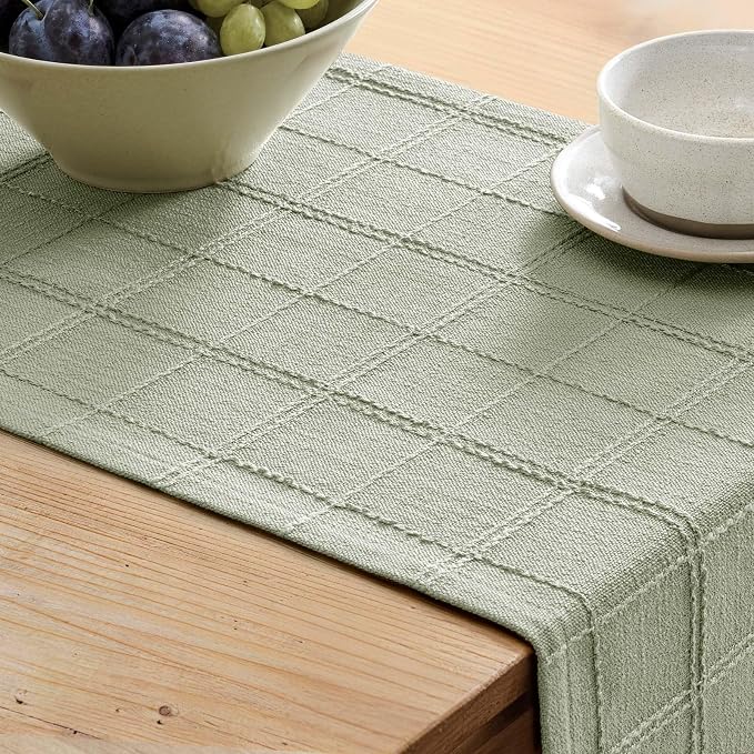 Linen Checked Farmhouse Table Runner, 13x90 Inches Seeding Green | Raised Grid - Image 5