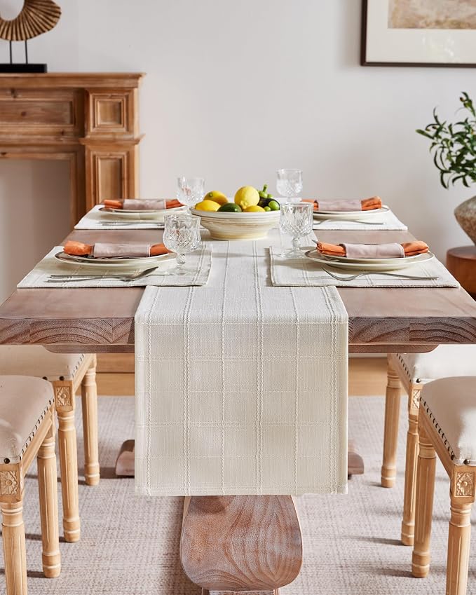 Linen Checked Farmhouse Table Runner, 13x36 Inches Ivory | Raised Grid Design - Image 2