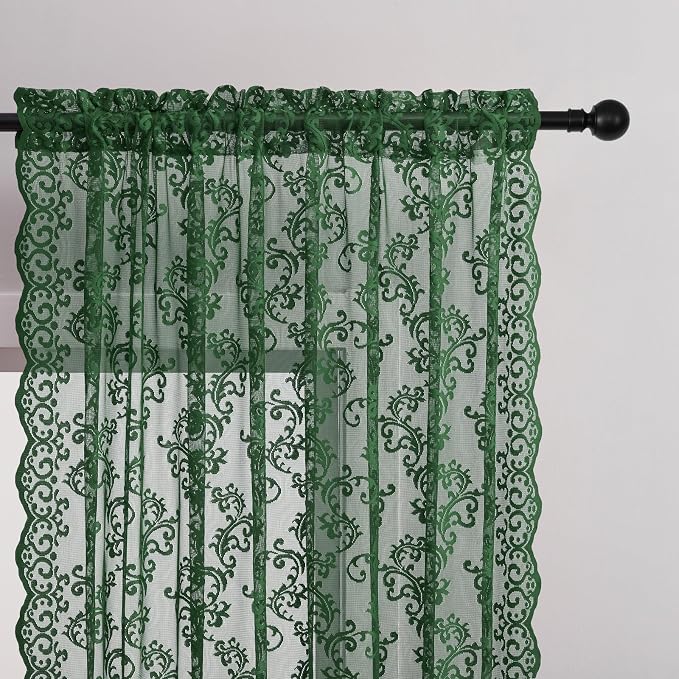Dark Green Lace Curtains 96 Inches Long 2 Panels - Image 2