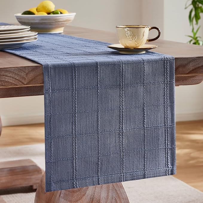 Linen Checked Farmhouse Table Runner, 13x90 Inches Blue | Raised Grid Design - Image 4