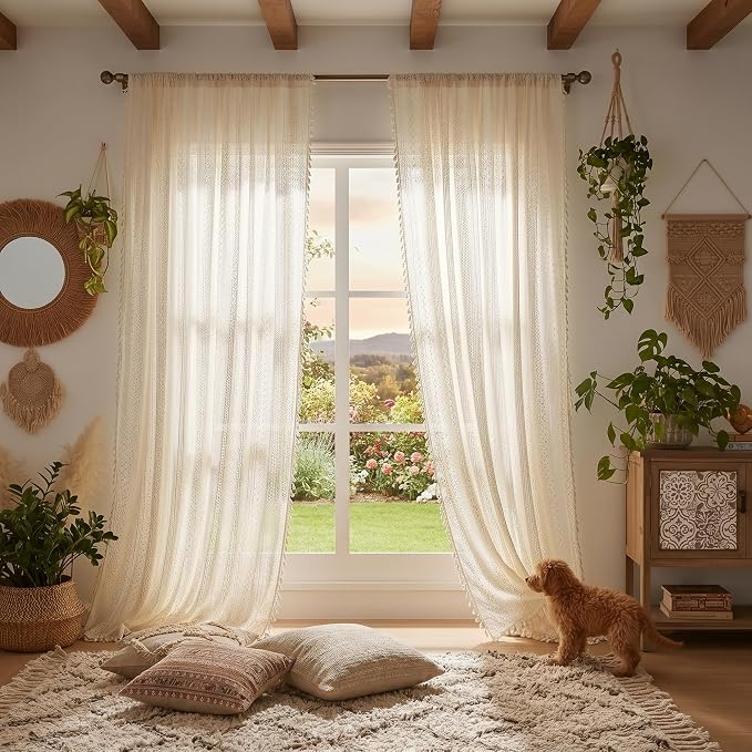 WAZZIO Boho Lace Curtains 80 Inches 2 Panel, Light Filtering Privacy Tassel & - Image 4