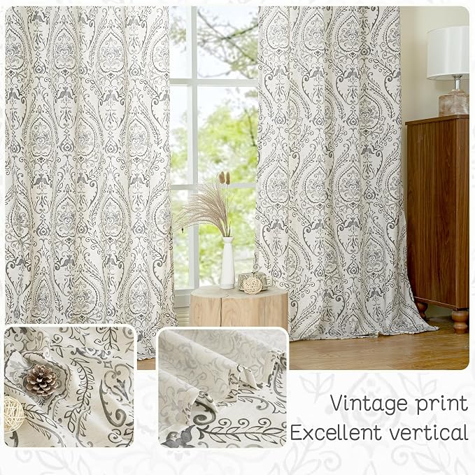 Linen Curtains for Living Room 84 Inch Length 2 Panels Set, Vintage Damask - Image 4