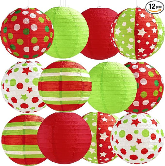 12 Pcs Red Green Christmas Hanging Paper Lanterns 8 Inch Christmas Party by Bisanzoya