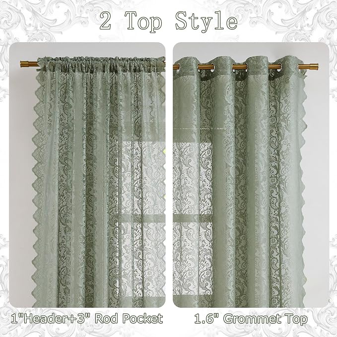 Bujasso Sage Green Lace Sheer Curtains 84 inch Length - Image 6
