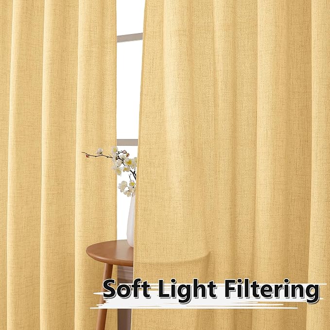Tollpiz Linen Curtain Bedroom Rod Pocket Semi Sheer Curtains Burlap Light - Image 2