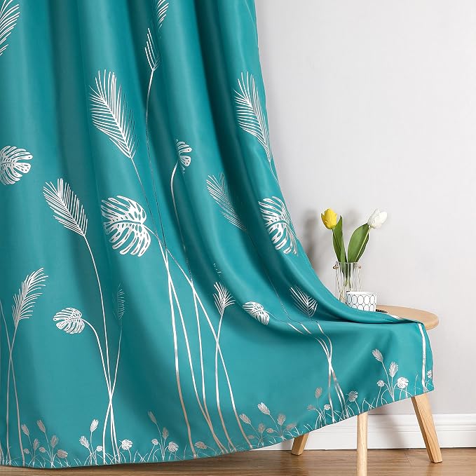 Teal Blackout Curtains for Bedroom, Room Darkening Silver Palm Tree Pattern - Image 7