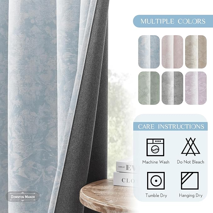 Beauoop Blue Floral Jacquard Blackout Sliding Door Curtains 100x84 1 Set | - Image 8