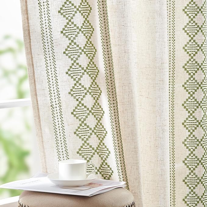 jinchan Floral Linen Curtains Embroidered Back Tab 50x84in 2 Panels Green | by JINCHAN