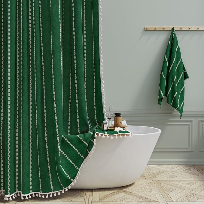 Small Boho Linen Heavy Duty Cloth Shower Curtain, Emerald Green | Stall Size by ShowerCurtain