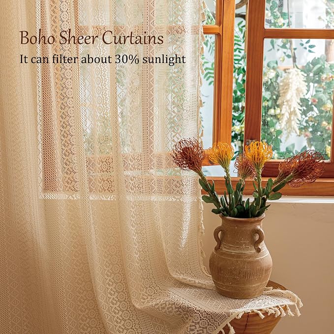 Sutuo Home Beige Boho Vintage Lace Curtains 108 inches Long - Image 2