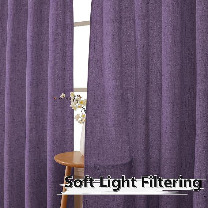 Tollpiz Linen Curtains Living Room Rod Pocket Semi Sheer Curtain Burlap Light - Image 2