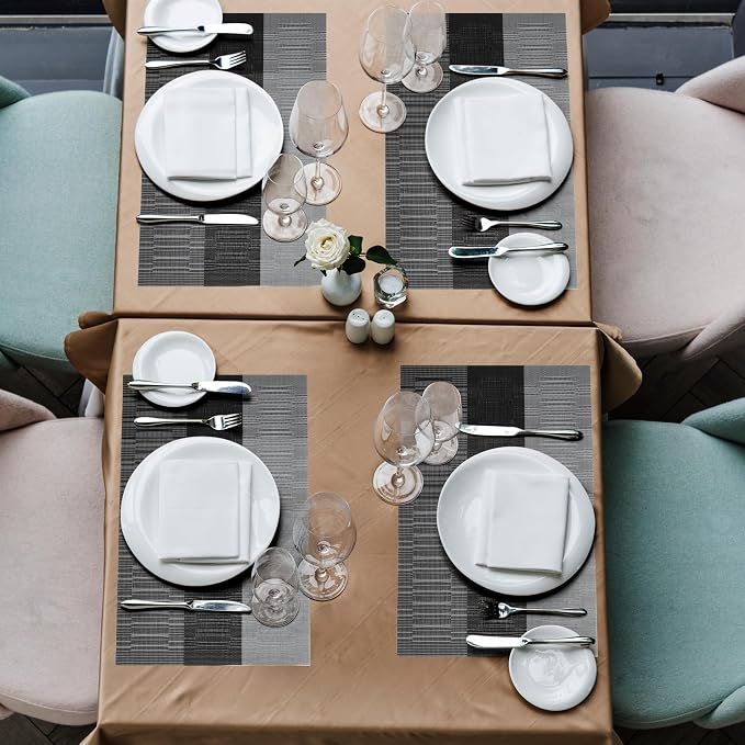 HeloHo Black Grey Stripe Placemats Set of 8, Heat-Resistant Washable Placemats - Image 6