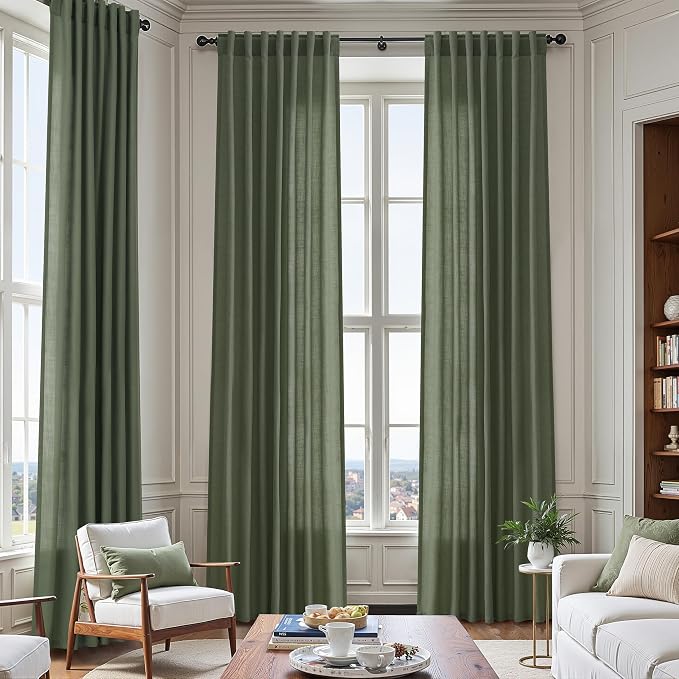 Olive Green Linen Sheer Curtains 84 Inch Length 2 Panels - Image 7