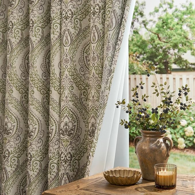jinchan Sage Green Damask Curtains 96 Inch Room Darkening Grommet 2 Panels | - Image 2