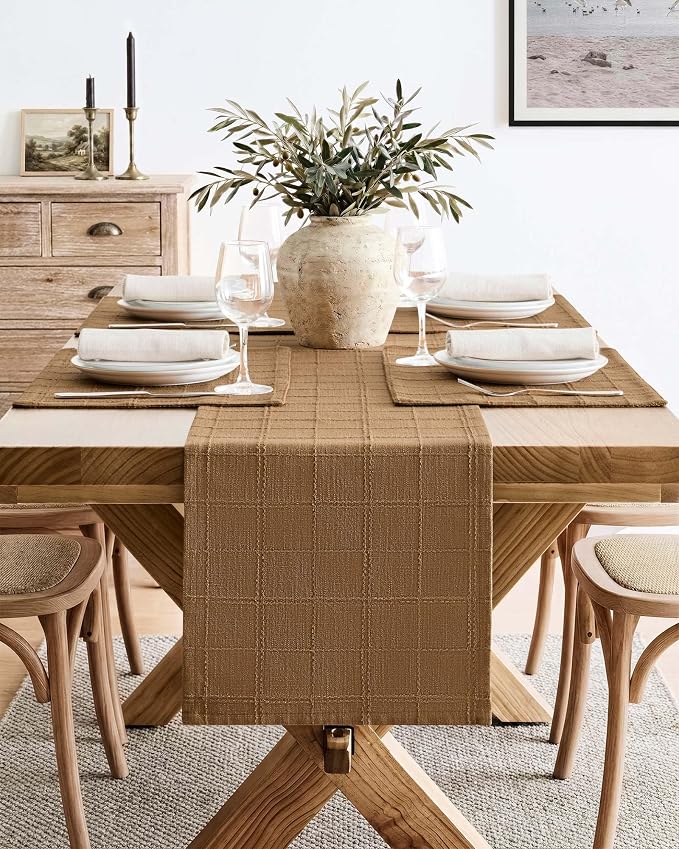 Linen Checked Farmhouse Table Runner, 13x108 Inches Roasted Brown | Raised Grid - Image 2
