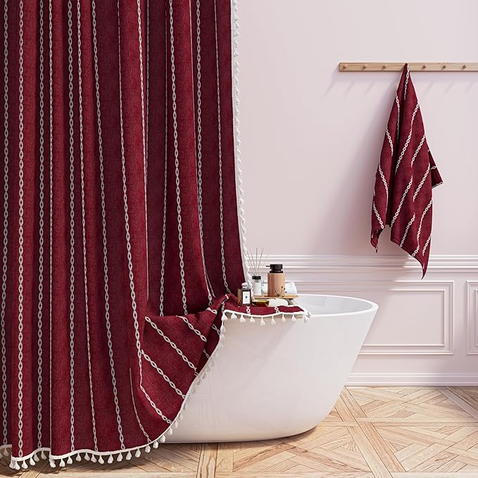 Burgundy Cream Boho Farmhouse Linen Heavy Duty Shower Curtain, 72x72 | 330GSM by ShowerCurtain