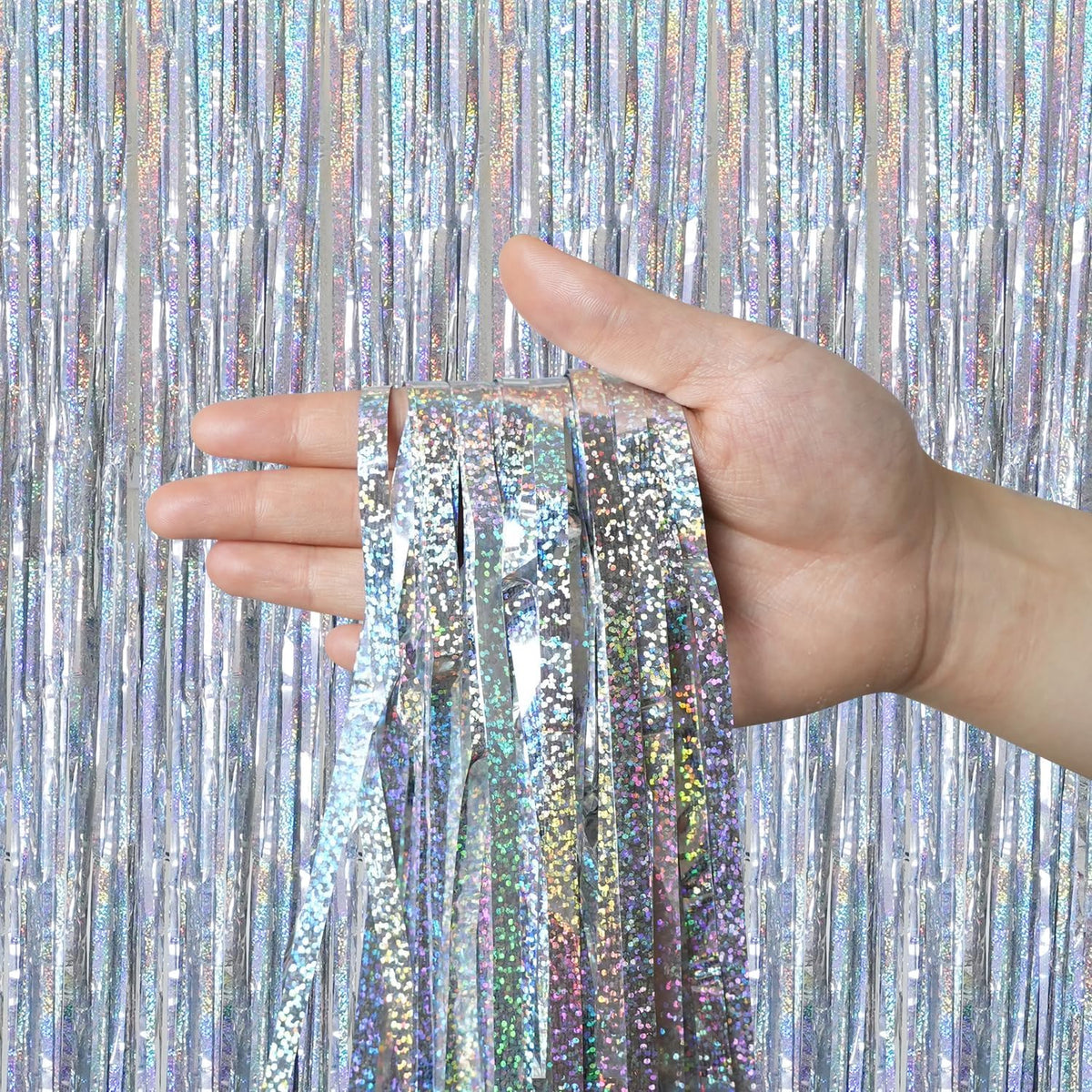 QRabbit 4 Pack Foil Curtain Backdrop, Silver Metallic Tinsel Foil Fringe Curtains, Party Streamers for Birthday Graduation Engagement Wedding Baby Shower Christmas Party Decorations