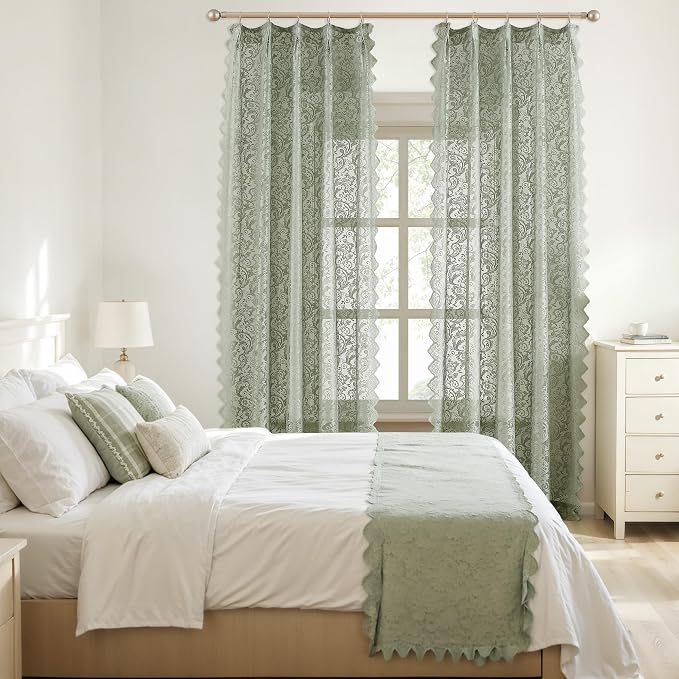 Bujasso Sage Green Lace Pinch Pleat Curtains 63 inch, Vintage Floral Sheer - Image 8