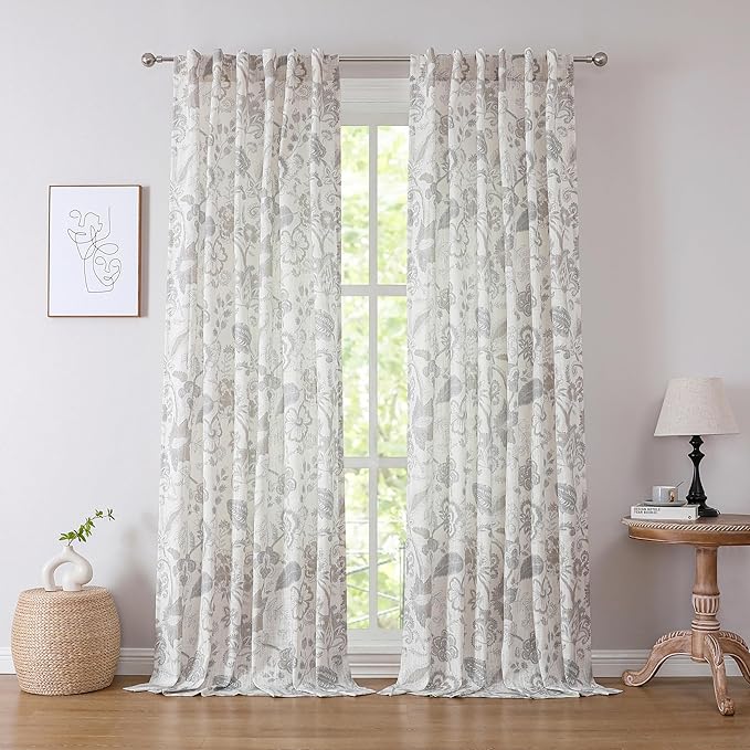Kayne Studio Grey Floral Botanical Rod Pocket Semi Sheer Curtains 95 Inches | by KayneStudio
