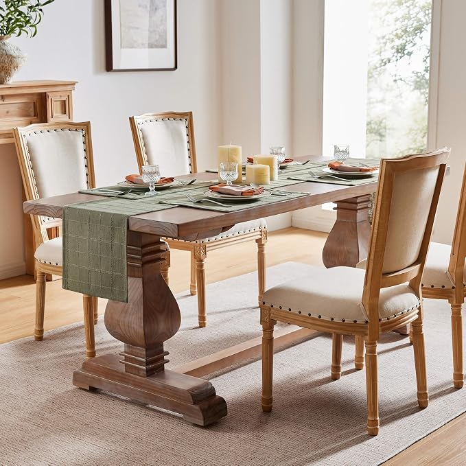 Linen Checked Farmhouse Table Runner, 13x60 Inches Olive | Raised Grid Design - Image 3