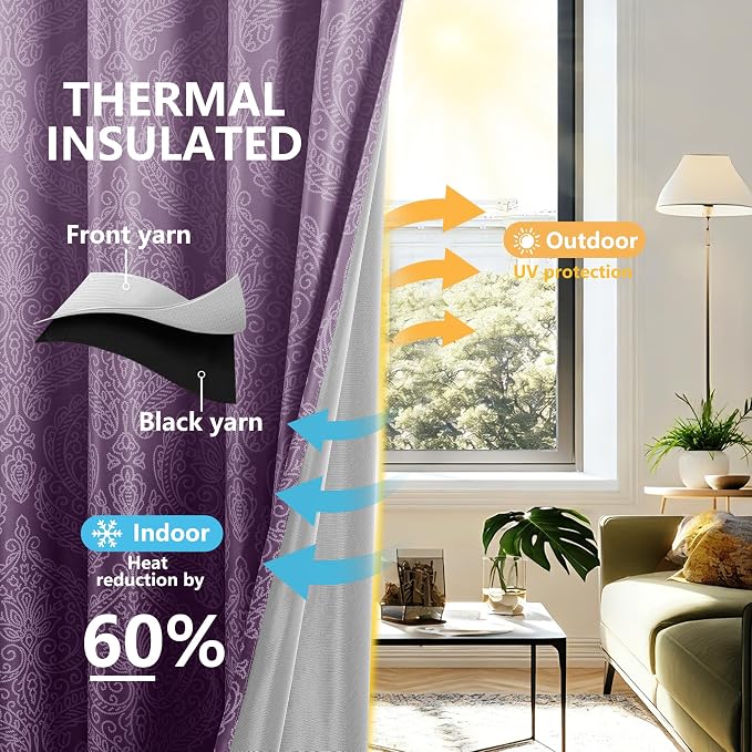 DWCN 100% Blackout Curtains for Bedroom 63 Inch Long- Double Layers Damask - Image 3