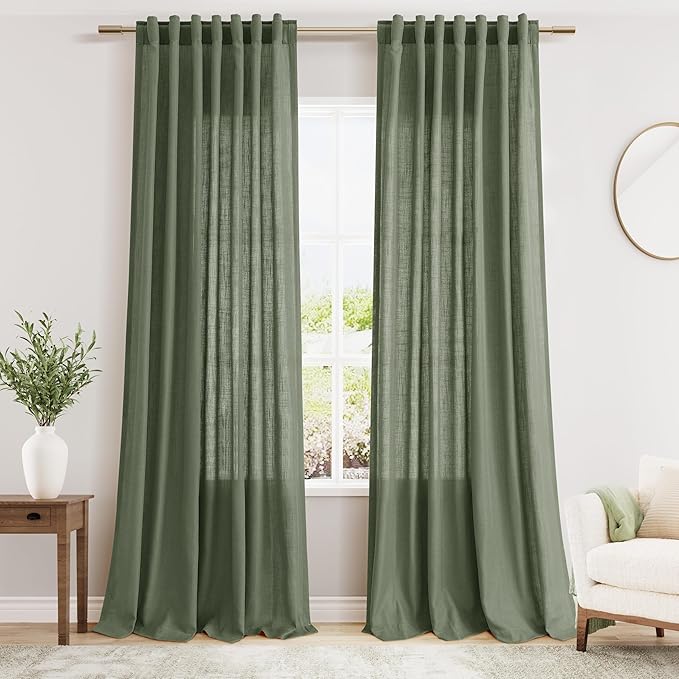 Olive Green Linen Curtains for Living Room 2 Panels Set 92 Inch Length Back Tab by Nanspring