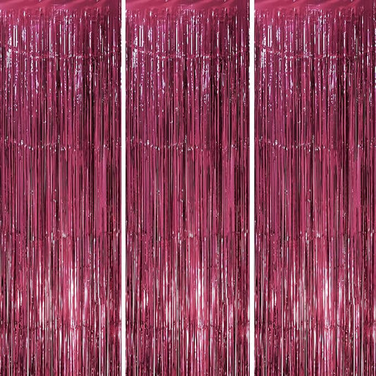 Voircoloria Burgundy Foil Fringe Backdrop Curtains, 3 Pack | Tinsel Streamers by Voircoloria