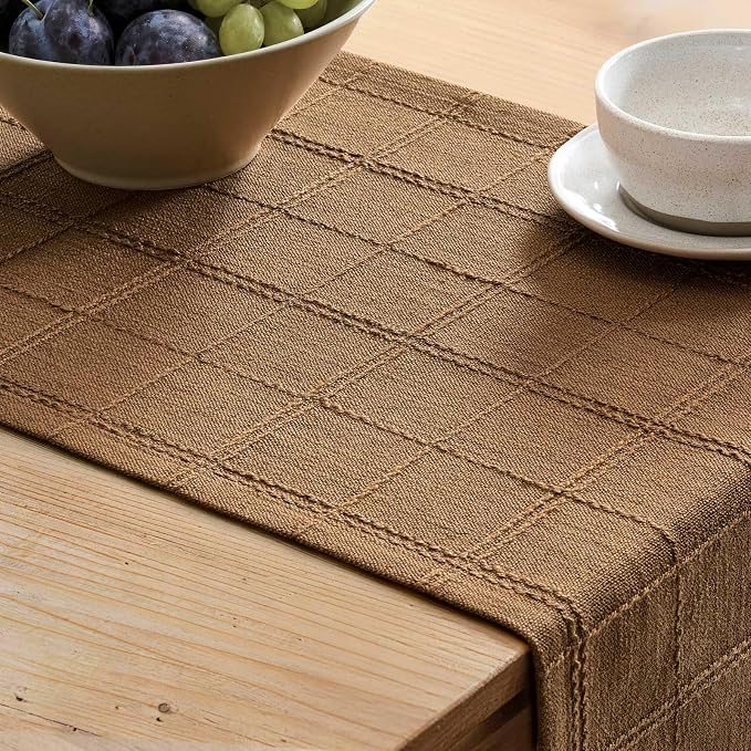 Linen Checked Farmhouse Table Runner, 13x72 Inches Roasted Brown | Raised Grid - Image 5