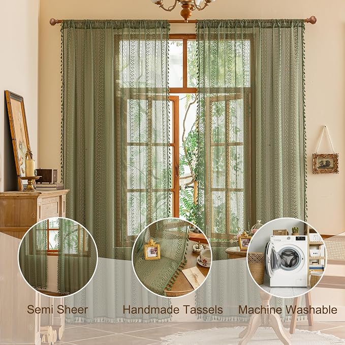 Sutuo Home Olive Green Boho Sheer Curtains 72 Inches Long - Image 5