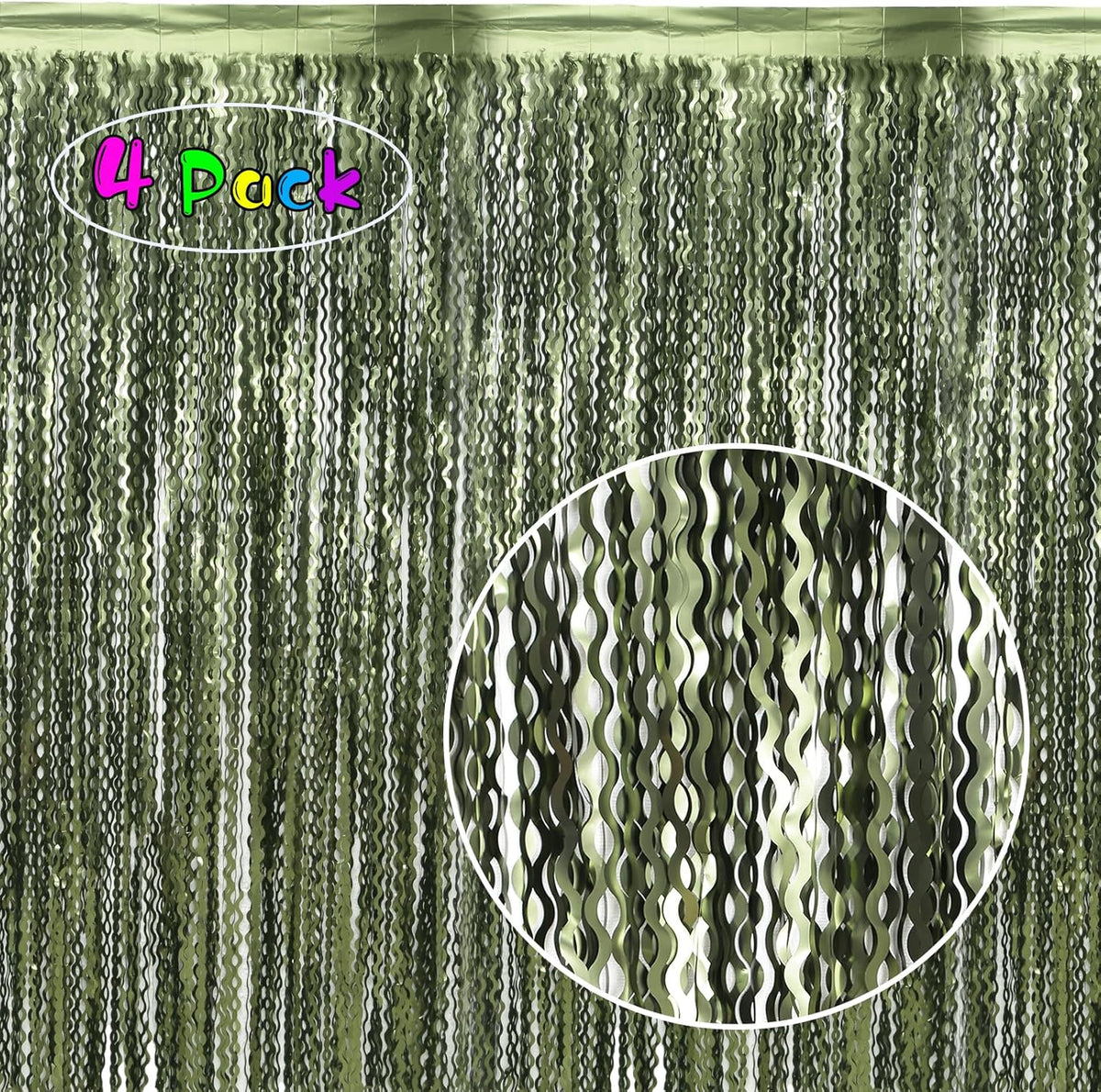 4 Pack Wavy Olive Green Streamers Backdrop Jungle Party Decorations - 3.3x6.6ft Foil Fringe Curtains Photo Booth for Dinosaur Animal St Patrick's Day Football Decor