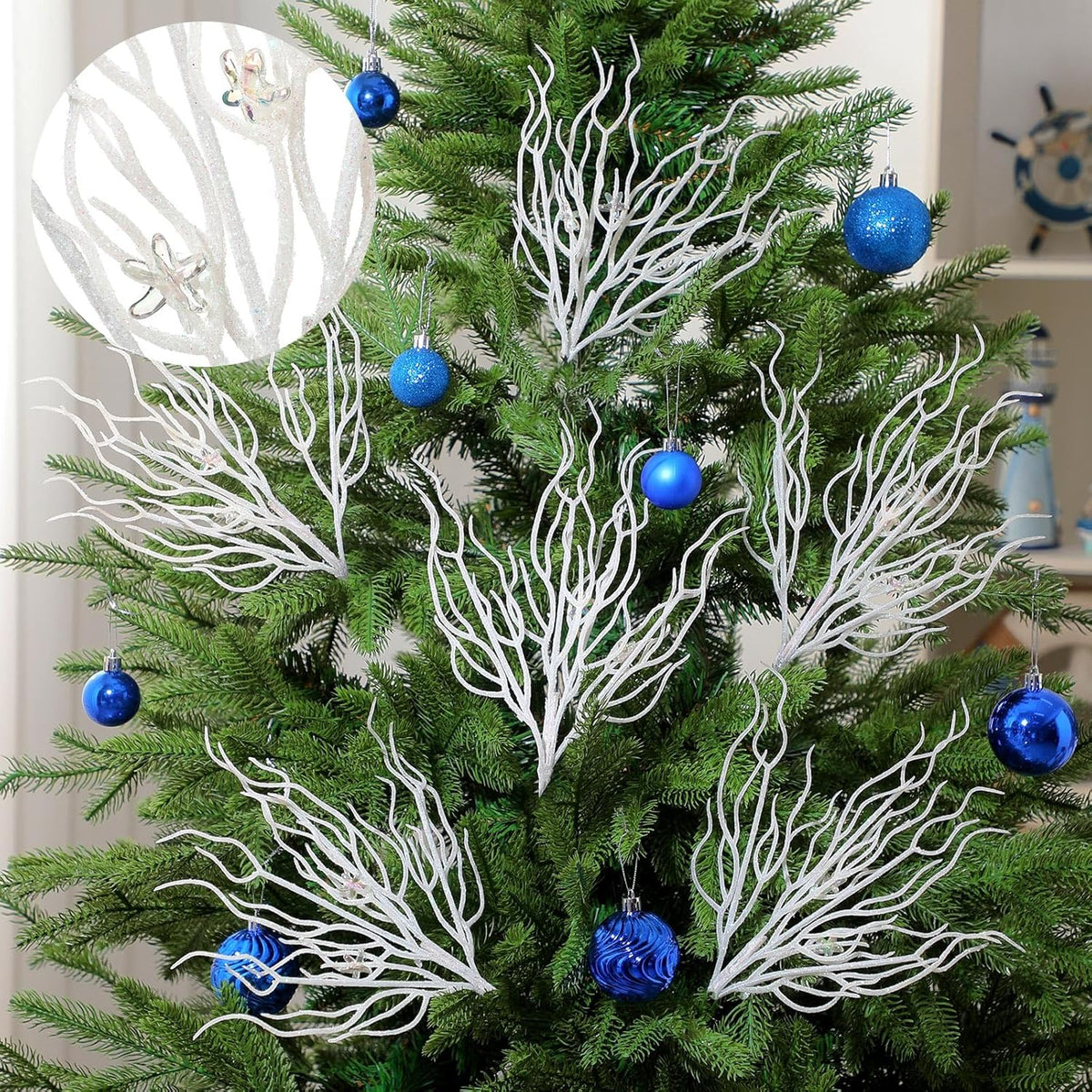8 Pcs White Coastal Ornaments for Christmas Tree 15.7inch Glitter Coral Beach Ocean Spray Pick Branch Christmas Tree Topper Decorations Filler Twigs for Xmas Vase Wreaths Gift
