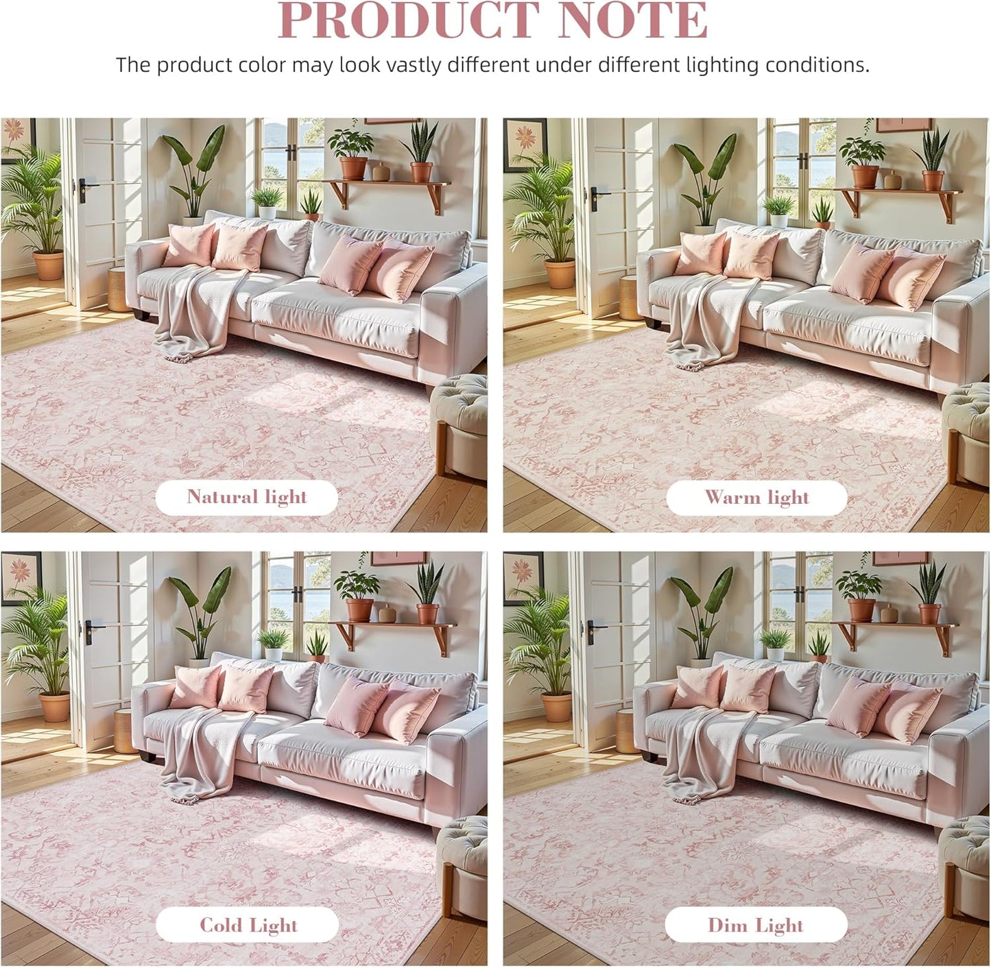 Pink Area Rugs 5x7 Rugs for Living Room, Machine Washable Rugs for Bedroom, Distressed Vintage Living Room Rug, Rug Non Slip Carpet Cream Green Area Rug for Dining Room Office