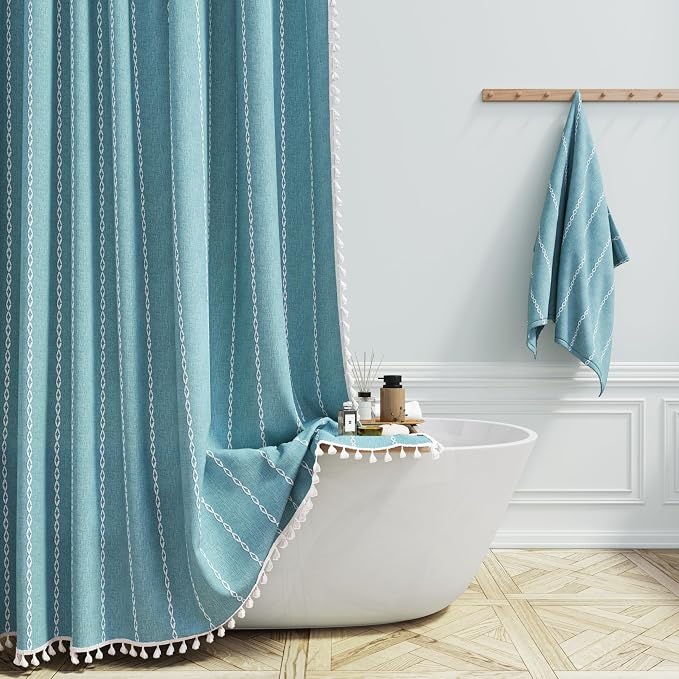 72x78 Long Boho Farmhouse Linen Heavy Duty Cloth Shower Curtain, Teal | Tall by ShowerCurtain